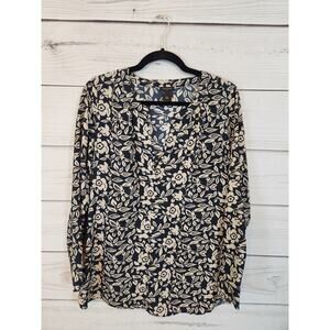 Ann Taylor Women's Black Tan Floral Long Sleeve V-Neck Blouse Top Size XS‎